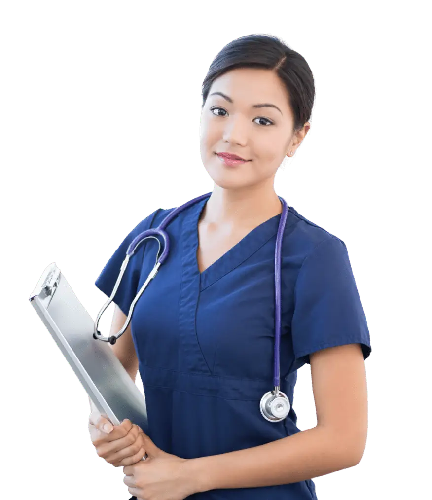 Registered nurse holding clipboard and stethoscope for legal medical consulting